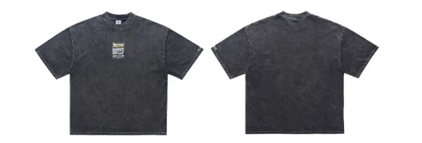 Design Acid Wash Denim T-Shirt with Cassette Tape Graphic - 11