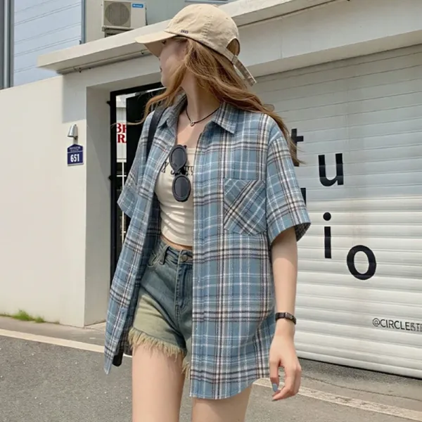 Design Plaid Short-Sleeve Shirt Blue Beige Tops.shirt - 5