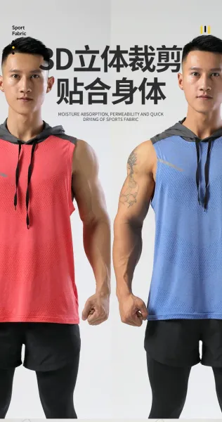 Design Hooded Mesh Vest Top in Coral Red with Gray Hood - 5
