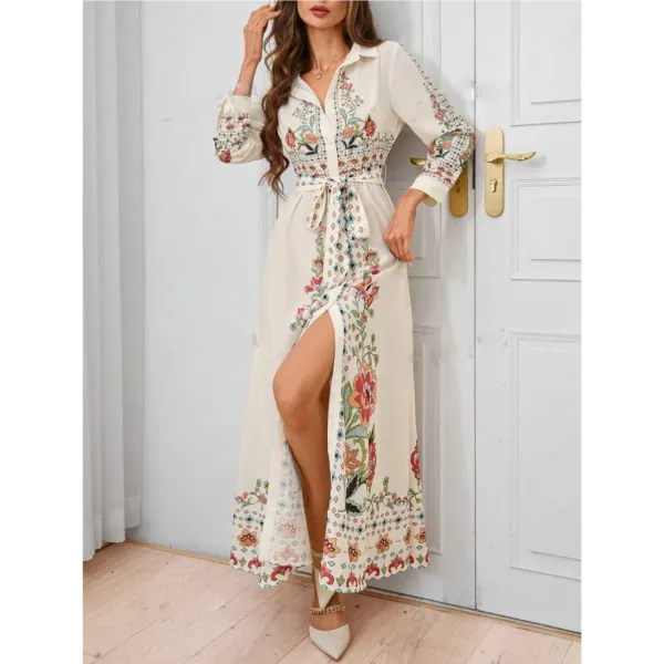 Design Floral Embroidered Belted Shirt Dress Beige - 4