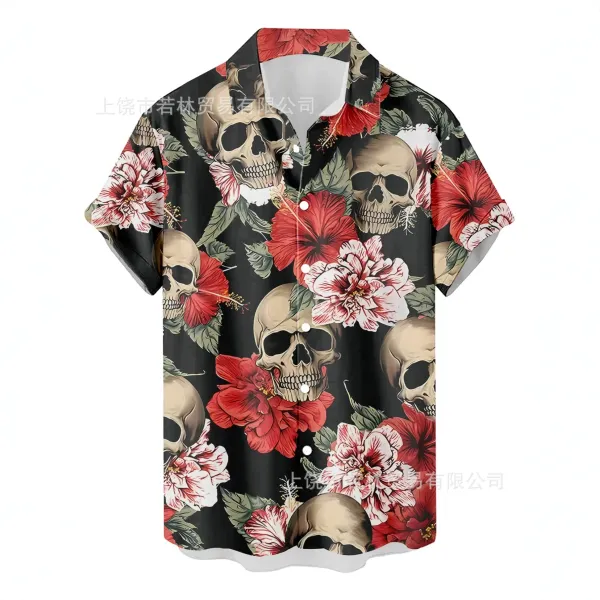 Design Skull and Hibiscus Print Hawaiian Shirt Black - 1
