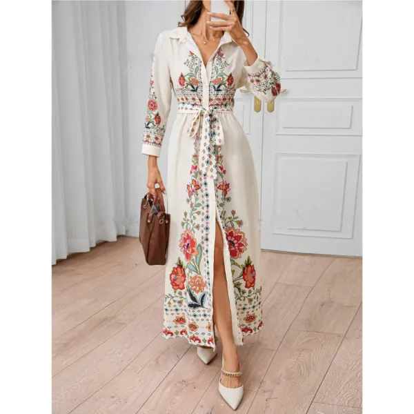 Design Floral Embroidered Belted Shirt Dress Beige - 6