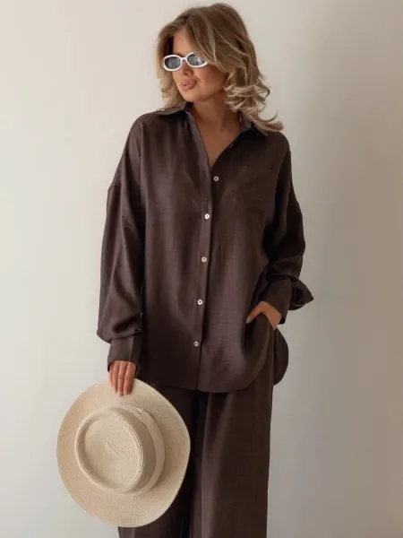 Design Wide-Leg Linen Blend Pant Set in Taupe with Woven Tote Bag - 24