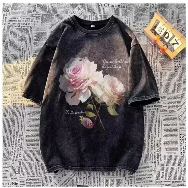 Design Floral Print Acid Wash T-Shirt Black - 1