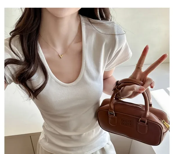 Design V-Neck Ribbed T-Shirt Beige T-Shirt - 6
