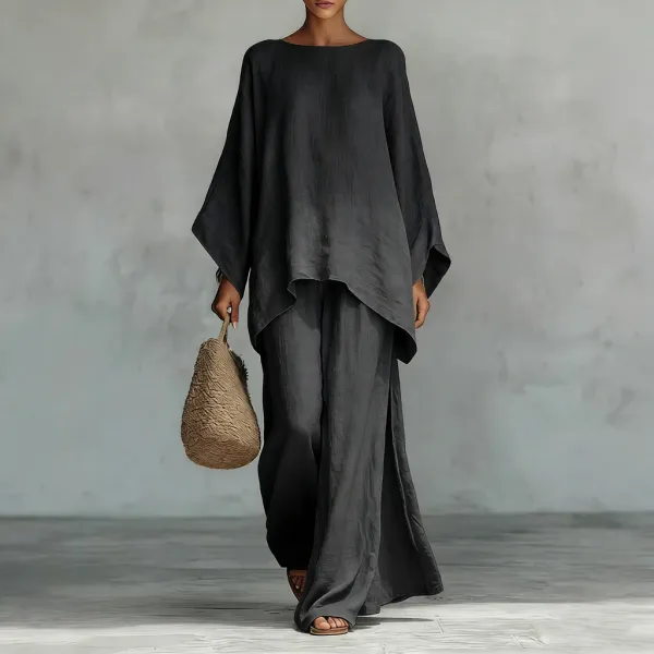 Design Loose Fit Linen Set Navy Blue Two-Piece Outfit - 2