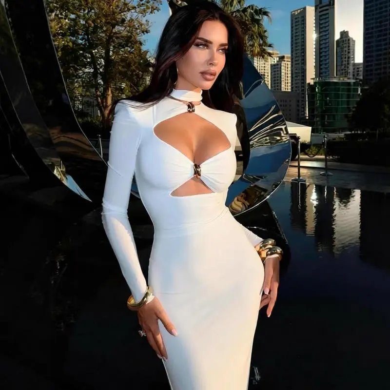Cutout Neck Long Sleeve White Bodycon Dress