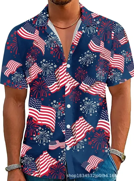 Design Patriotic Print Short-Sleeve Button-Up Shirt Navy Shirt - 2