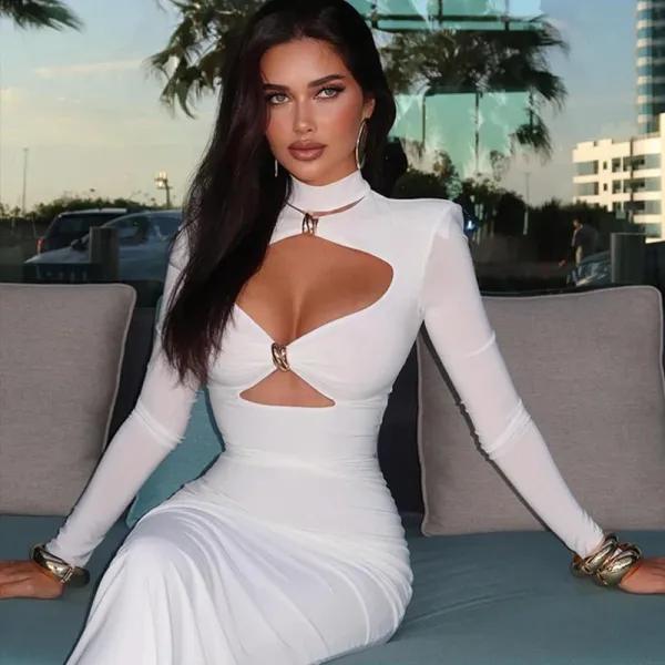 Design Cutout Neck Long Sleeve White Bodycon Dress - 9