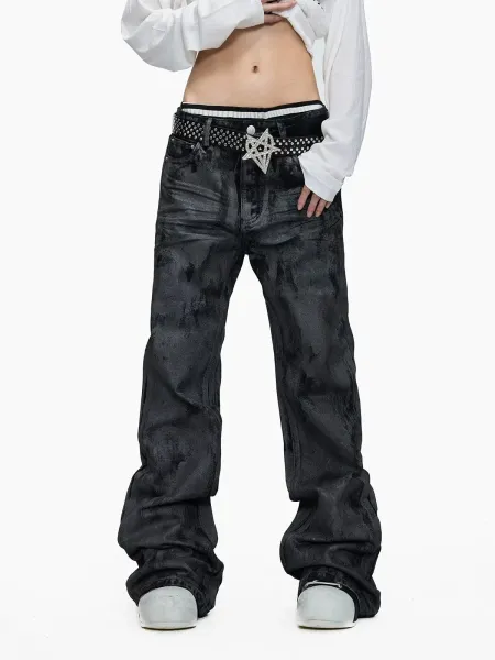 Design Acid Wash Black Wide-Leg Jeans with Studded Pentagram Belt - 2