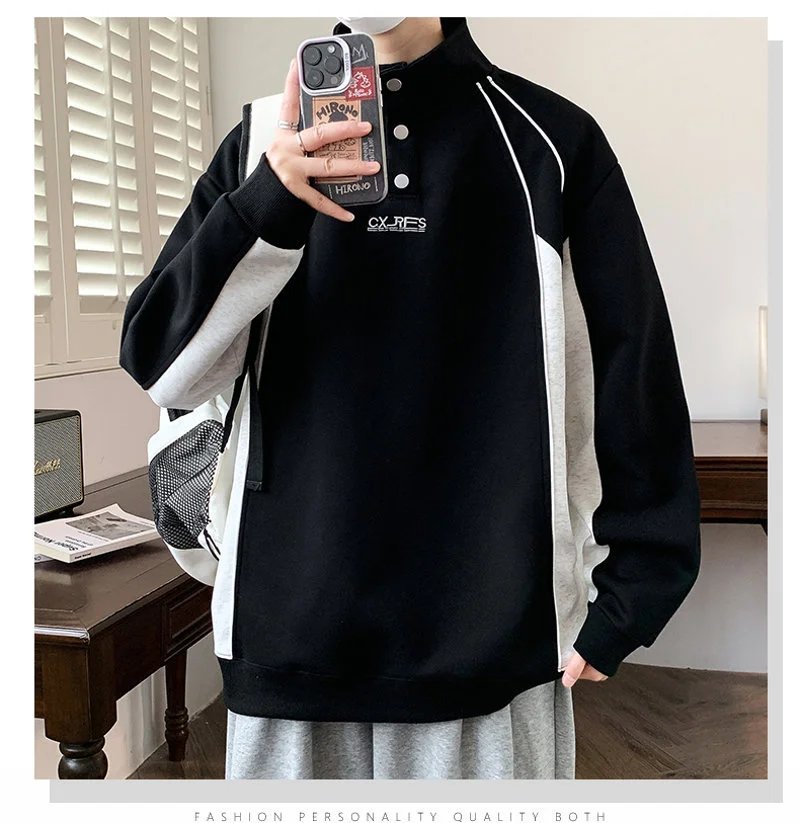 Design Color-Block Half-Zip Pullover Navy and Gray Hoodie - 12