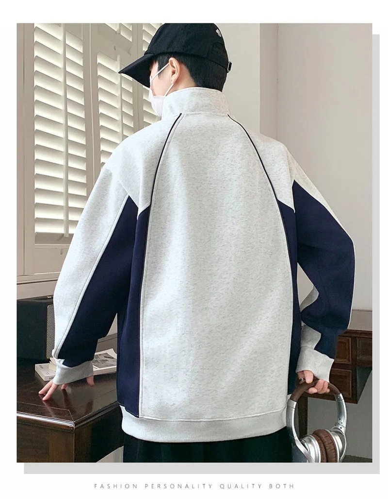 Design Color-Block Half-Zip Pullover Navy and Gray Hoodie - 19