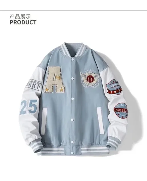 Design Varsity Jacket Navy and Cream Embroidered Letter A Basketball Patch Jacket Outerwear Jacket - 12