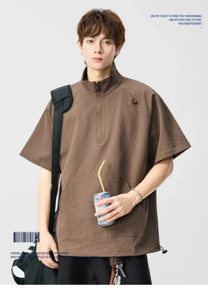 Design Waffle-Textured Half-Zip Poncho Top Brown - 3