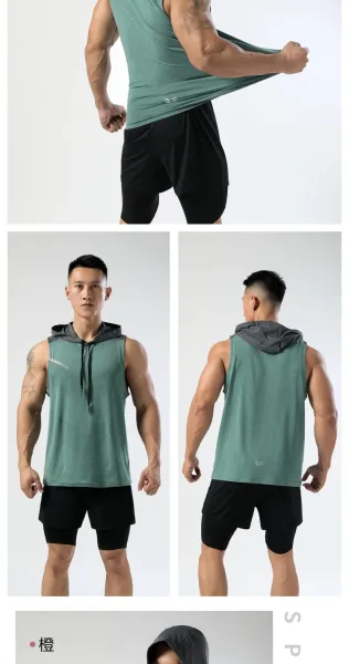 Design Hooded Mesh Vest Top in Coral Red with Gray Hood - 14