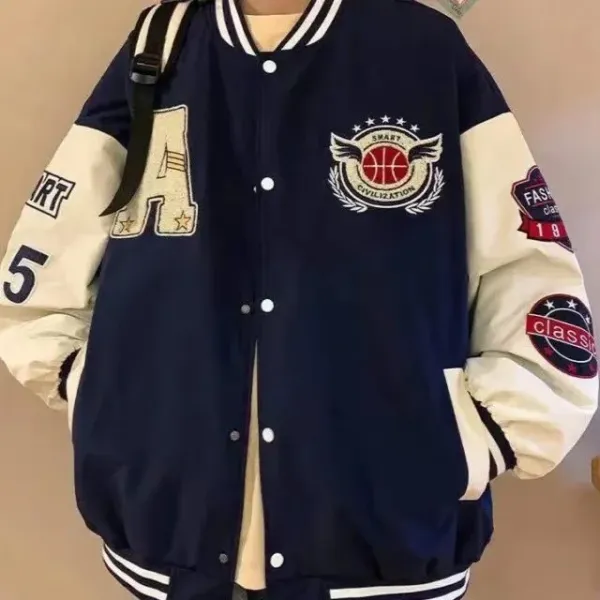 Design Varsity Jacket Navy and Cream Embroidered Letter A Basketball Patch Jacket Outerwear Jacket - 20