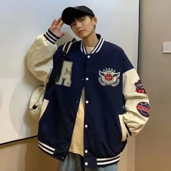 Design Varsity Jacket Navy and Cream Embroidered Letter A Basketball Patch Jacket Outerwear Jacket - 22
