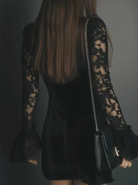 Design Black Velvet Lace Sleeve Mini Dress - 6
