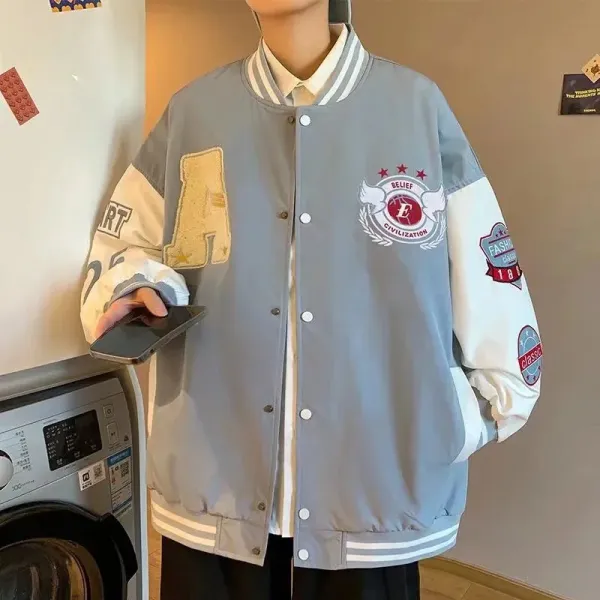 Design Varsity Jacket Navy and Cream Embroidered Letter A Basketball Patch Jacket Outerwear Jacket - 28