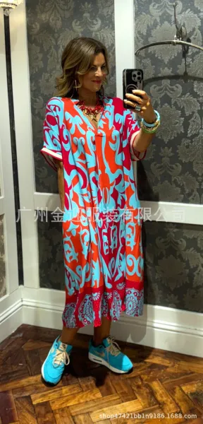 Design Printed V-Neck Midi Dress Blue Pink Multicolor - 10