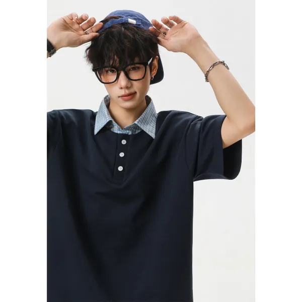 Design Layered Collar Polo Navy Blue Tops Polo - 1