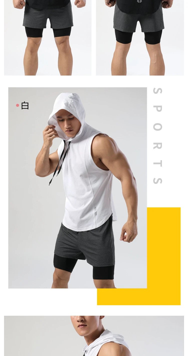 Design Sleeveless Hooded Vest Black with Gray Shorts Vest Top - 10