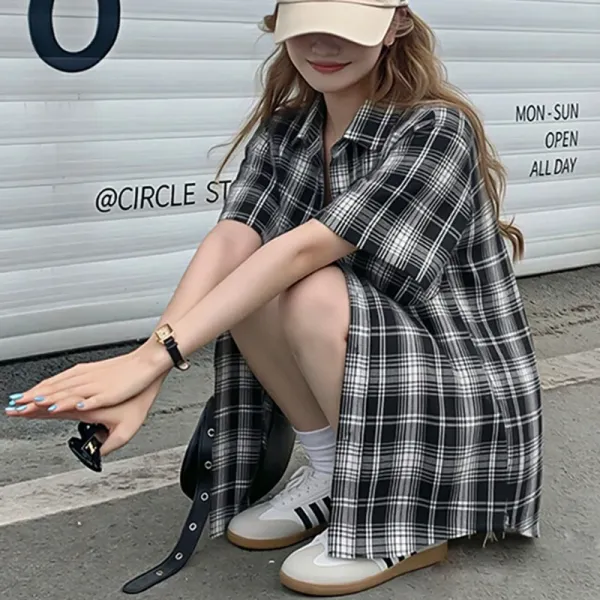 Design Plaid Short-Sleeve Shirt Blue Beige Tops.shirt - 12