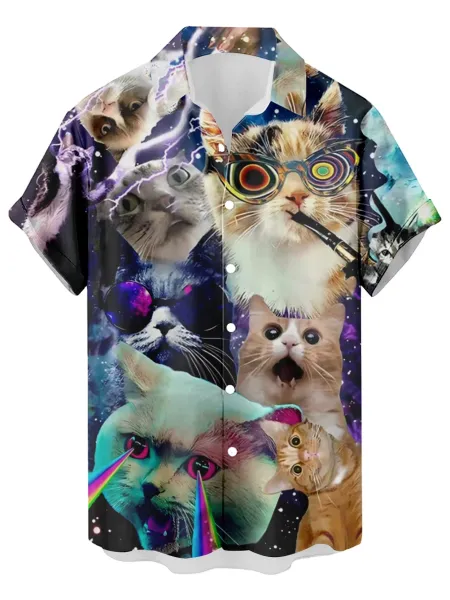 Design Cat Face Print Black Hawaiian Shirt - 15
