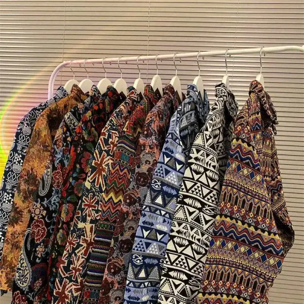 Design Aztec Print Long-Sleeve Button-Up Shirt Black White Tops Shirt - 4