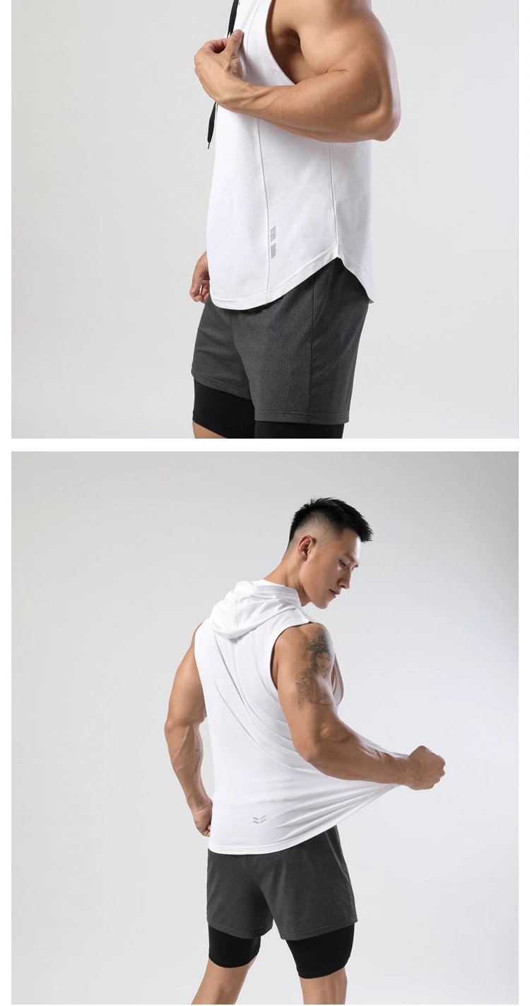 Design Sleeveless Hooded Vest Black with Gray Shorts Vest Top - 11