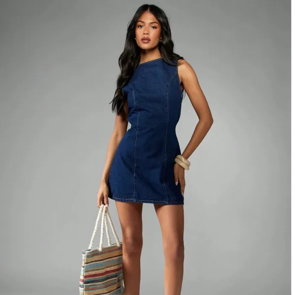 Design Denim Mini Dress in Classic Indigo Blue Dress - 15