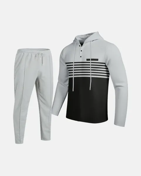 Design Waffle-Knit Hooded Pullover and Jogger Set Gray / Black - 1