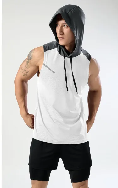 Design Hooded Mesh Vest Top in Coral Red with Gray Hood - 22