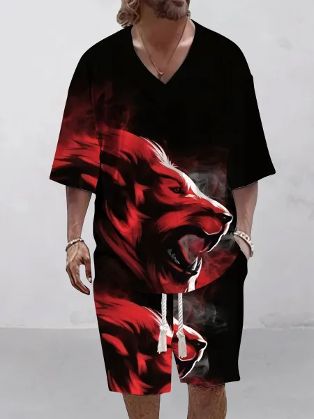 Design Red Wolf Graphic V-Neck T-Shirt and Shorts Set Black - 1