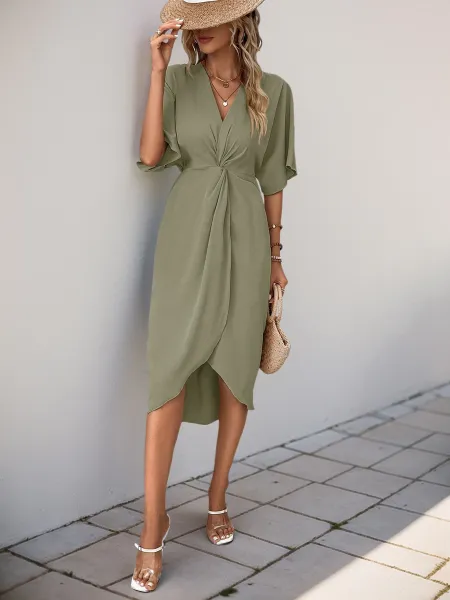 Design Wrap Front V-Neck Midi Dress Burgundy - 27