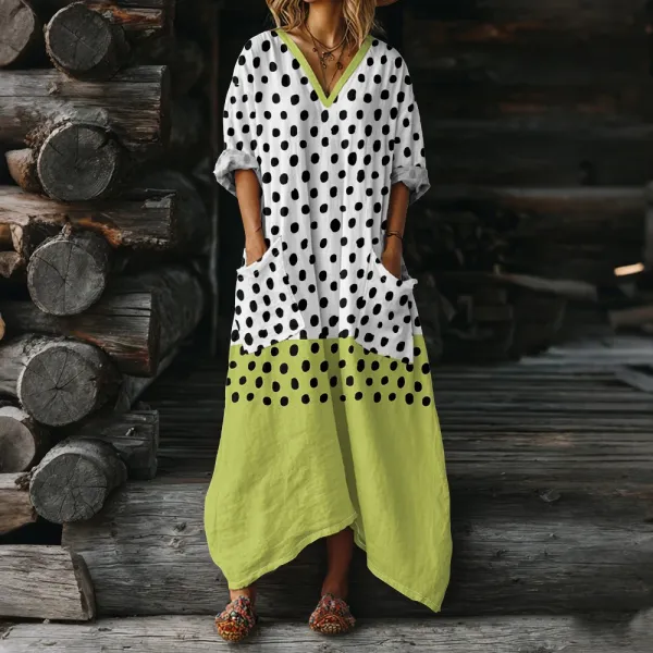 Design Polka Dot V-Neck Asymmetrical Maxi Dress Lime Green - 1