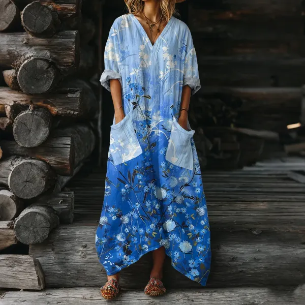 Design Floral Print V-Neck Maxi Dress Blue - 1