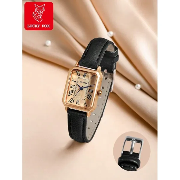 Design Lucky Fox Rectangular Roman Numeral Watch Black Leather Strap Watches - 1