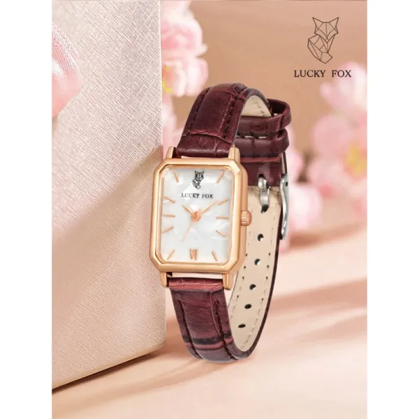 Design Lucky Fox Rectangular Mother-of-Pearl Dial Watch Burgundy Leather Strap Watches - 1