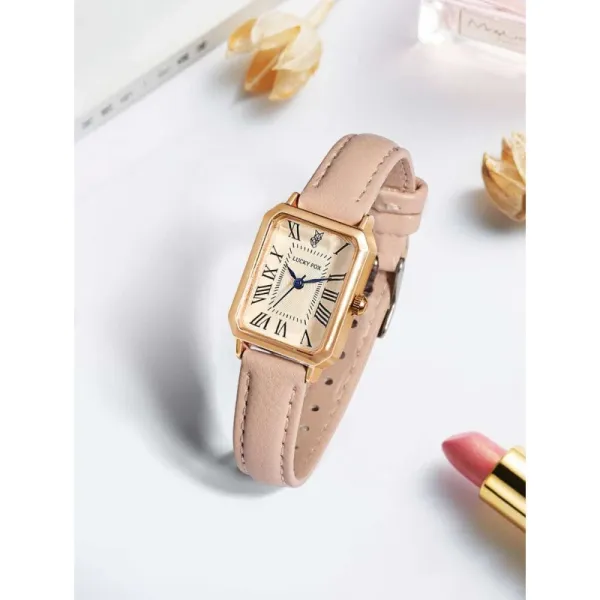 Design Lucky Fox Square Dial Rose Gold Watch Beige Leather Strap Watch Watches - 1