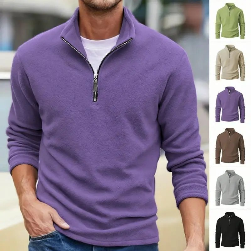 New Men's Fleece Quarter-Zip Stand Collar Pullover Solid Color Long Sleeve Jacket Top EU/US Size