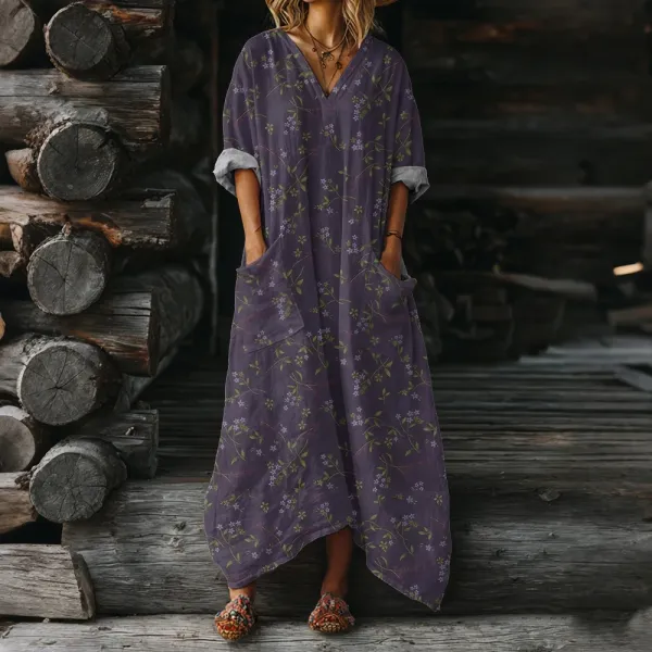 Design Floral Print V-Neck Maxi Dress Purple - 1