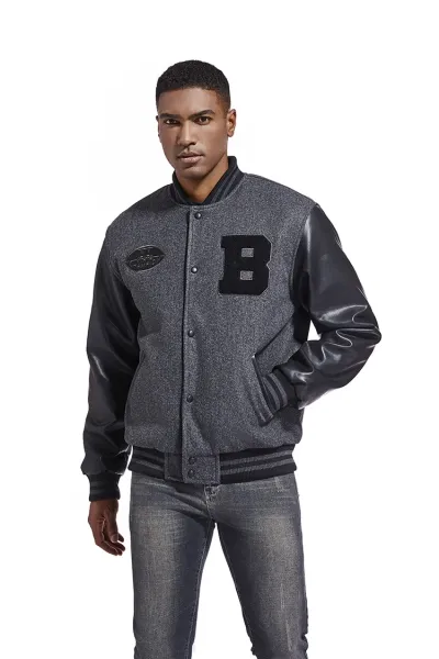 Mitchell & Ness Letterman Jacket Gray Black Outerwear Jacket - 30