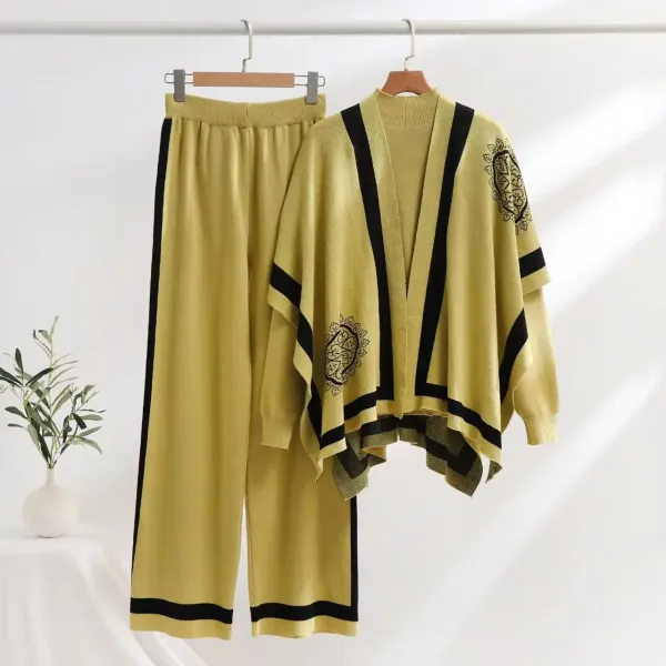 Design Kimono-Style Cardigan and Pants Set Brown with White Stripe - 8