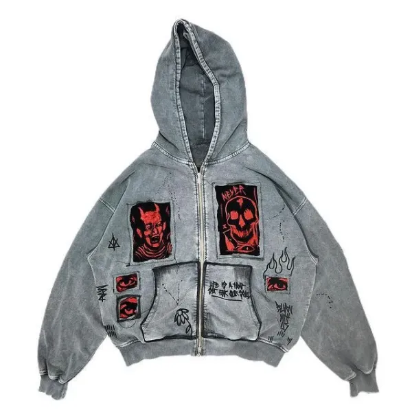 Hellstar Studios Distressed Denim Hoodie with Red Devil and Skull Patches Gray - 5