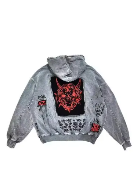 Hellstar Studios Distressed Denim Hoodie with Red Devil and Skull Patches Gray - 6