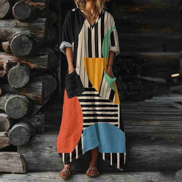 Design Abstract Patchwork Stripe Maxi Dress Multicolor - 1