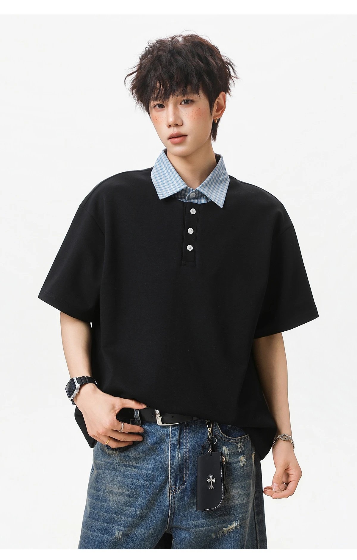 Design Layered Collar Polo Navy Blue Tops Polo - 26