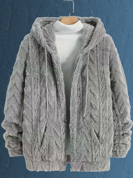 Design Faux Fur Cable Knit Hooded Jacket Gray Outerwear - 24