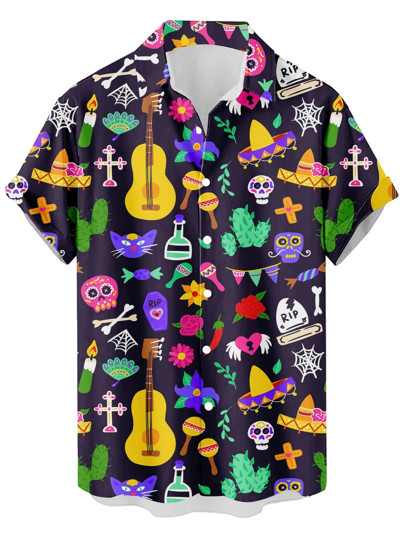 Design Cat Face Print Black Hawaiian Shirt - 39